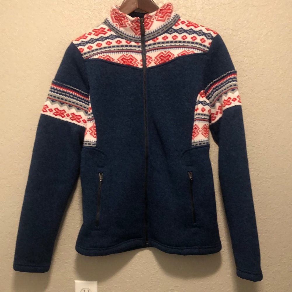 Spyder, blue with Scandinavian print accents , fleece full-zip jacket. Very warm